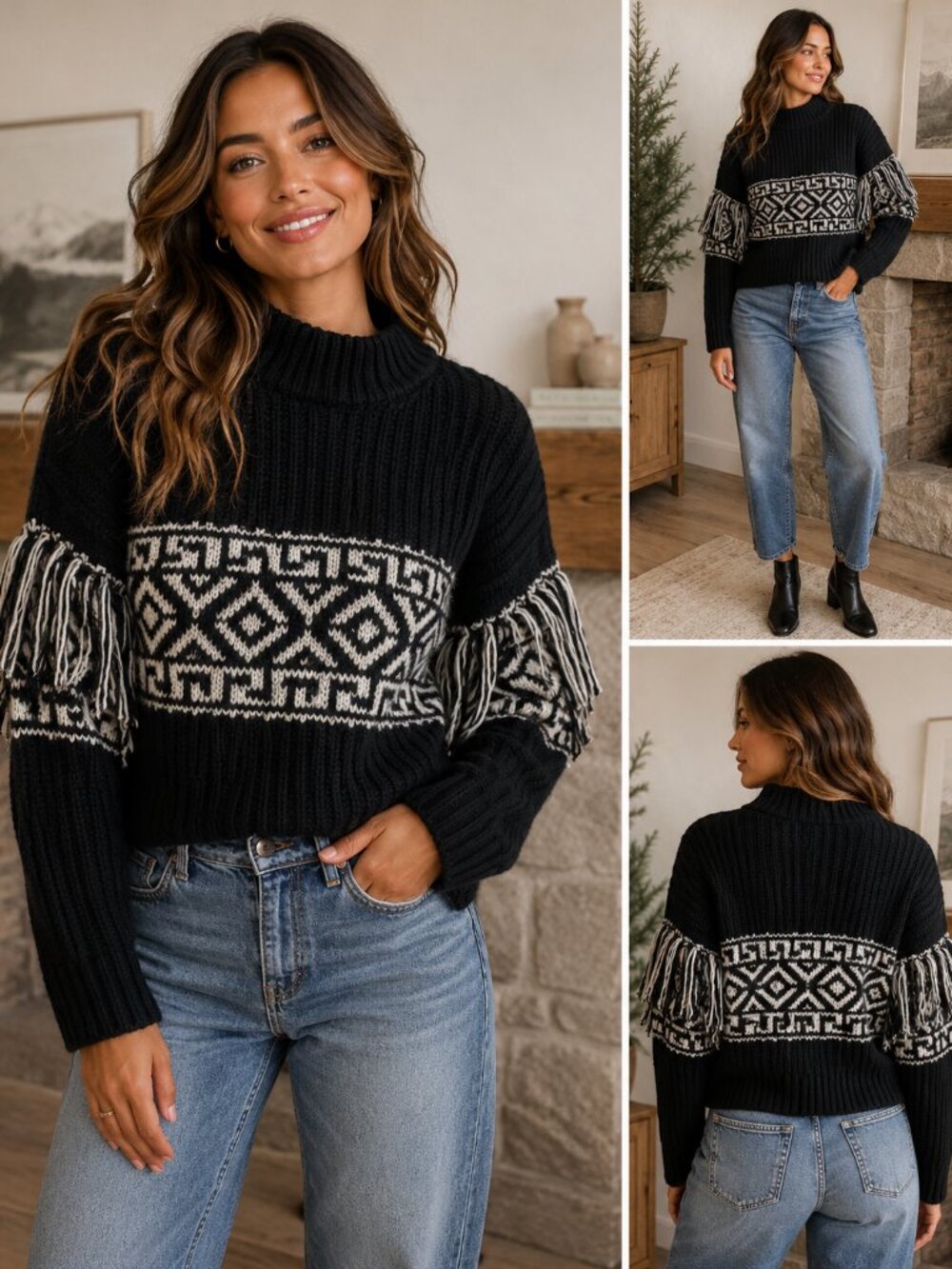H&M Black White Fair Isle Fringe Sweater Women’s Medium Wool Blend